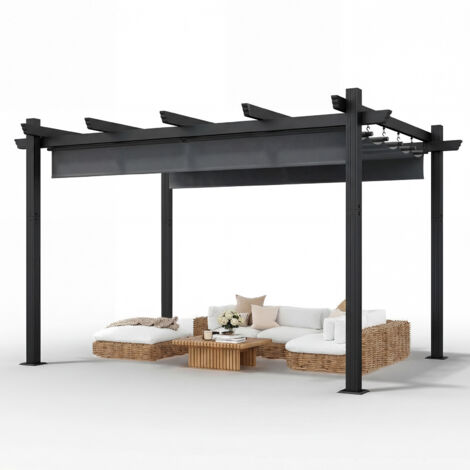 Pergola Jardin 3x4m avec Toit Ouvrant Réglable à Fermeture Magnétique  Structure Aluminium Stable avec Fixations Vis d'Expansion + Tiges de Sol, Gris