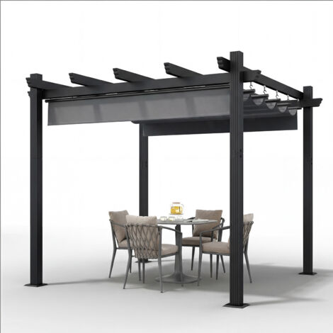 Pergola Jardin 3x3m avec Toit Ouvrant Réglable à Fermeture Magnétique  Structure Aluminium Stable avec Fixations Vis d'Expansion + Tiges de Sol, Gris