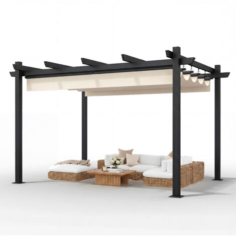 Pergola Jardin 3x4m avec Toit Ouvrant Réglable à Fermeture Magnétique Structure Aluminium Stable avec Fixations Vis d'Expansion + Tiges de Sol, Beige