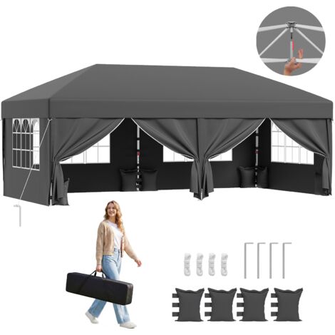 Tonnelle Pliable 3x6m à Montage Rapide Pop up Tonnelle Assemblage en 1 Minute Hauteur Réglable Stable au Vent & Imperméable, Gris