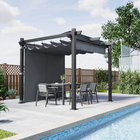 Pergola de Jardin 3x3m avec Toit Ouvrant Réglable à Fermeture Magnétique  Châssis en Aluminium avec une Paroi Latérale  Toit en Polycarbonate 100% Étanche, Gris