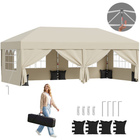 Tonnelle Pliable 3x6m à Montage Rapide  Pop up Tonnelle Assemblage en 1 Minute  Hauteur Réglable  Stable au Vent & Imperméable, Beige