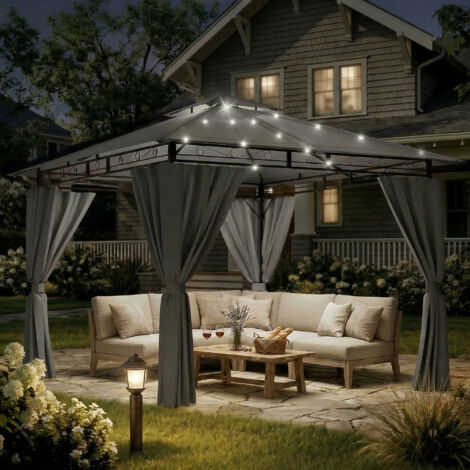 Devoko Tonnelle de Jardin 3x3m avec Lumière LED, Imperméable Deluxe Tonnelle, Tonnelle de Jardin Exterieur, Tonnelles à Cadre Métallique, Pergola Jardins Exterieur pour 4-6 Personnes, Gris