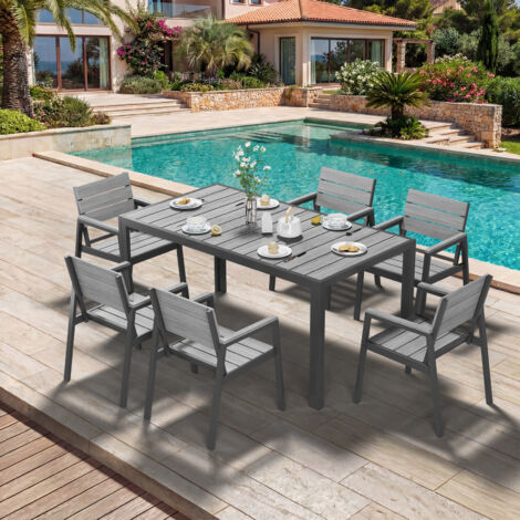 Devoko – Salon de jardin 7 pièces – Ensemble résistant aux intempéries – Table 150 cm et 6 chaises en aluminium – Finition grain de bois, facile d'entretien, gris