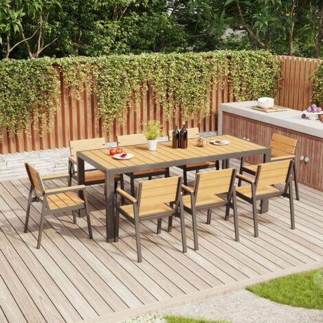 HDPS Salon de Jardin Exterieur 9 Pièces, Résistance aux Intempéries Ensemble 189 cm Table et 6 Chaise de Jardin Exterieur Aluminium, Finition Grain de Bois et Facile d'entretien, Couleur Teck