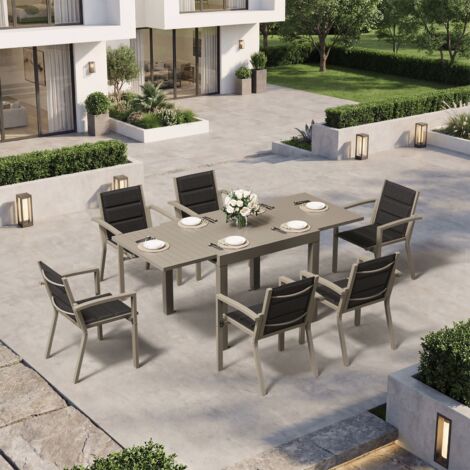 Ensemble Table Chaise Jardin 6 personnes, Table Jardin Chaise en Aluminium, 6 Chaises Jardin Empilables et 1 Table Jardin Extensible (80/160 cm), Imperméable, Antirouille, Tout Temps, Marron