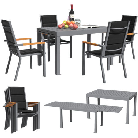Salon de Jardin Exterieur 4 Personnes,4+1 Mobilier,4 Chaise Empilable Aluminium(Dossier Haut et Accoudoirs en Bois) et 1 130CM-260CM Aluminium Table de Jardin Extensible,Jardin pour Balcon,Gris clair (1/5)