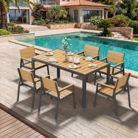 HDPS Salon de Jardin Exterieur 7 Pièces, Résistance aux Intempéries Ensemble 150 cm Table et 6 Chaise de Jardin Exterieur Aluminium, Finition Grain de Bois et Facile d'entretien, Couleur Teck