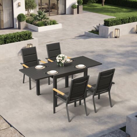 Ensemble Table Chaise Jardin 4 personnes,Table Jardin Chaise en Aluminium,4 Chaises Jardin Accoudoirs Imitation Bois et 1 Table Jardin Extensible (80/160 cm),Imperméable, Antirouille,Tout Temps,Gris