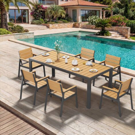 HDPS Salon de Jardin Exterieur 7 Pièces, Résistance aux Intempéries Ensemble 189 cm Table et 6 Chaise de Jardin Exterieur Aluminium, Finition Grain de Bois et Facile d'entretien, Couleur Teck