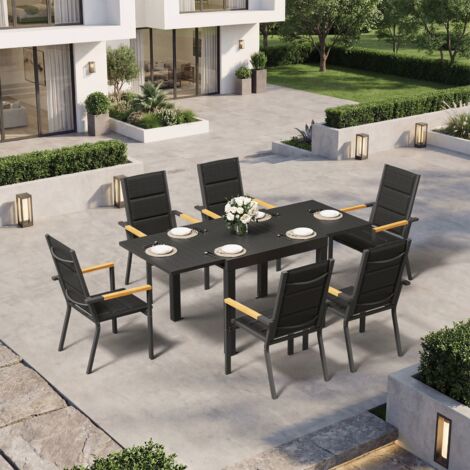 Ensemble Table Chaise Jardin 6 personnes,Table Jardin Chaise en Aluminium,6 Chaises Jardin Accoudoirs Imitation Bois et 1 Table Jardin Extensible (80/160 cm),Imperméable, Antirouille,Tout Temps,Gris (1/5)