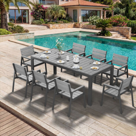 Devoko – Salon de jardin 9 pièces – Ensemble résistant aux intempéries – Table 189 cm et 6 chaises en aluminium – Finition grain de bois, facile d'entretien, gris