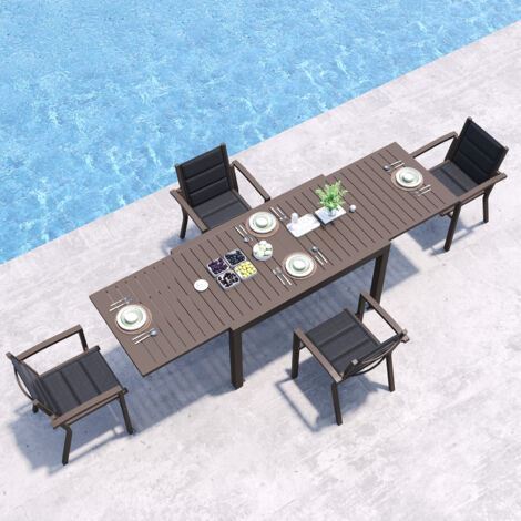 Salon de Jardin Exterieur 4 Personnes, 4+1 Mobilier, 6 Chaise Empilable Aluminium et 1 130CM-260CM Aluminium Table de Jardin Extensible, Jardin pour Balcon, Marron (1/5)