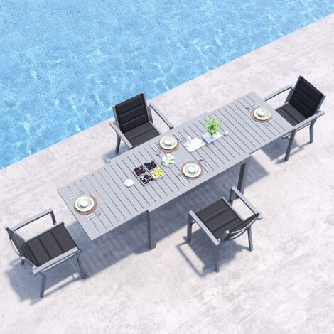 Devoko – Salon de jardin 4 personnes – Mobilier aluminium 6 chaises empilables – Table extensible 130-260cm – Gris clair pour balcon