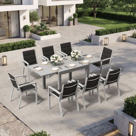 Devoko – Ensemble table chaise jardin 8 personnes – Table extensible 80/160 cm – Chaises empilables en aluminium – Résistant aux intempéries – Gris clair (1/5)