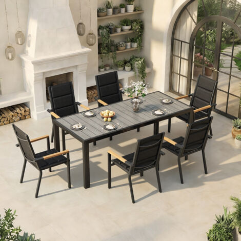 Salon de Jardin Exterieur 6 Personnes, HDPS Table de 189 cm et 6 Chaises Empilable d'Extérieur en Aluminium Durable, Design à Veine de Bois, Gris (1/5)