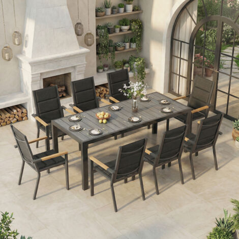 Salon de Jardin Exterieur 8 Personnes, HDPS Table de 189 cm et 8 Chaises Empilable d'Extérieur en Aluminium Durable, Design à Veine de Bois, Gris (1/5)