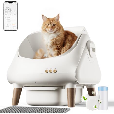 Bac à litière autonettoyant, contrôle par application, bac à litière autonettoyant ouvert sur le dessus, bac à litière taille XXL pour grands chats jusqu'à 15 kg, 15 jours d'autonomie, bac à li