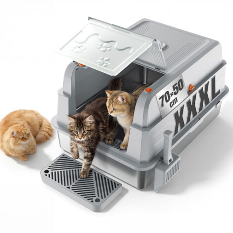Bac litiere pour Chat,XXL litiere Acier Inoxydable,litiere Chat fermé Grande capacité,Bords Haut Anti-Fuite,Couvercle Amovible Facile à Nettoyer,avec Pelle et marchepied,adapté aux Grands,Gris clair