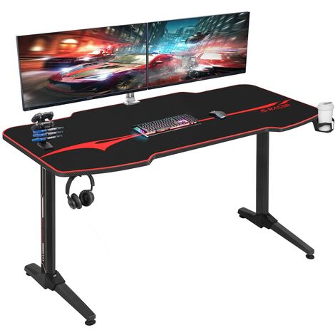 SONNI Gaming Table Table d'ordinateur ergonomique, avec tapis de souris, 2  crochets, porte-boissons et porte-casques,carbone optique noir 140cm