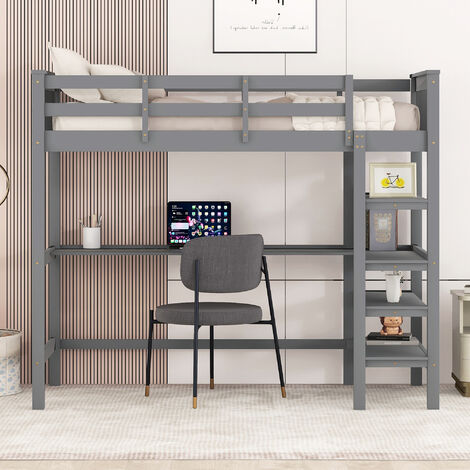 Devoko Lit surélevé pour enfant 90 x 200 avec compartiments de rangement et bureau sous le litGris (1/5)