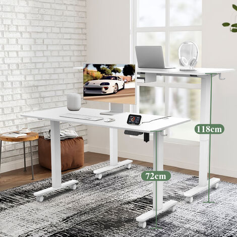 Bureau Debout électrique à hauteur réglable avec ports de charge USB et Type-C, avec fonction de charge, 3 claviers à mémoire automatique sur le panneau, avec 4 roues à blocage universel,160CM,Blanc