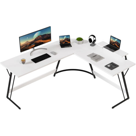 Bureau D'angle En L 140x80cm Avec 4 Tiroirs - Ports USB/Type-C Et Prises Intégrés - Support écran Réglable - Blanc