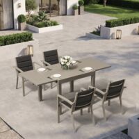 Ensemble Table Chaise Jardin 4 personnes, Table Jardin Chaise en Aluminium, 4 Chaises Jardin Empilables et 1 Table Jardin Extensible (80/160 cm), Imperméable, Antirouille, Tout Temps, Marron