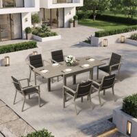 Ensemble Table Chaise Jardin 6 personnes, Table Jardin Chaise en Aluminium, 6 Chaises Jardin Empilables et 1 Table Jardin Extensible (80/160 cm), Imperméable, Antirouille, Tout Temps, Marron