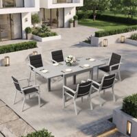 Ensemble Table Chaise Jardin 6 personnes, Table Jardin Chaise en Aluminium, 6 Chaises Jardin Empilables et 1 Table Jardin Extensible (80/160 cm), Imperméable, Antirouille, Tout Temps, Gris Clair