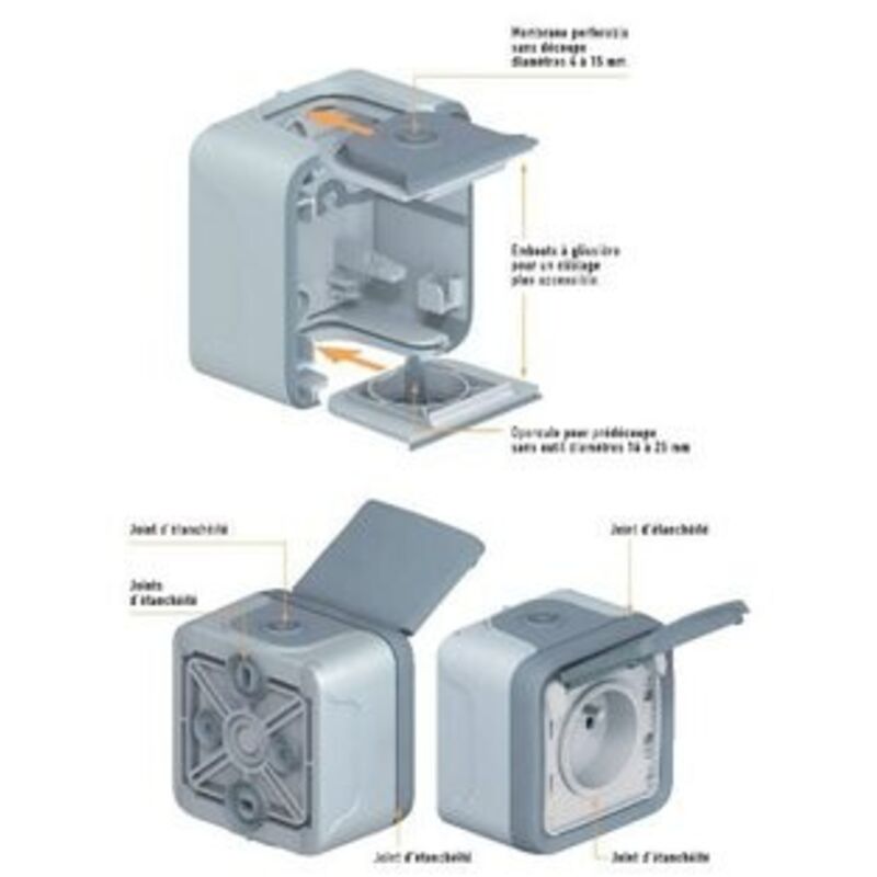 Prise électrique 2P+T Legrand Prog Plexo - Avec éclips De Protection - Complet Sailli - Réf. 069731