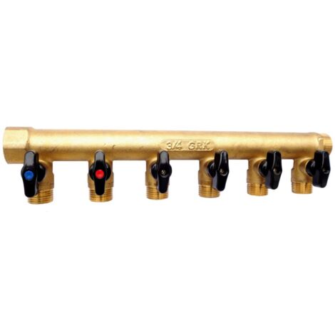 Guareski – Collecteur modulaire sanitaire 20x27 – 6 sorties mâle/femelle avec vannes – Raccordement MF 3/4' – Entraxe 50 mm pour installations sanitaires