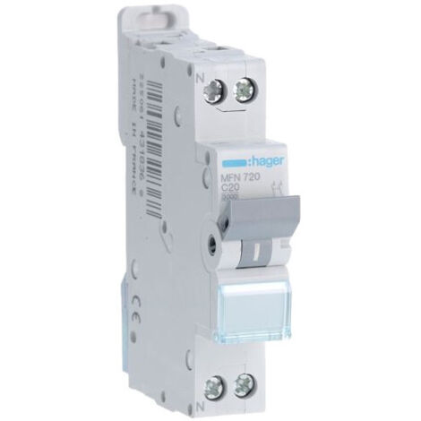 Hager – Disjoncteur unipolaire 20A – Courbe C – 3kA – Raccordement à vis pour câbles souples et rigides – 1 module – Protection circuits électriques