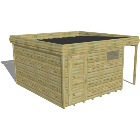 ABRI DE JARDIN bois Pin autoclave 27mm - 4,44x4,34m / 19,3m2 - Bac acier - Plancher bois (1/5)