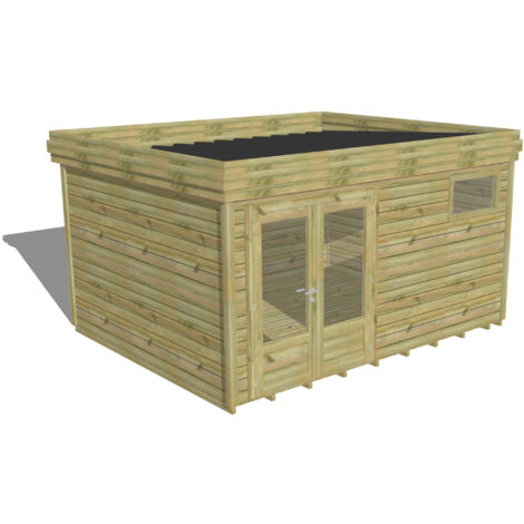 ABRI DE JARDIN bois Pin autoclave 27mm - 4,34x3,44m / 14,9m2 - Bac acier - Plancher bois