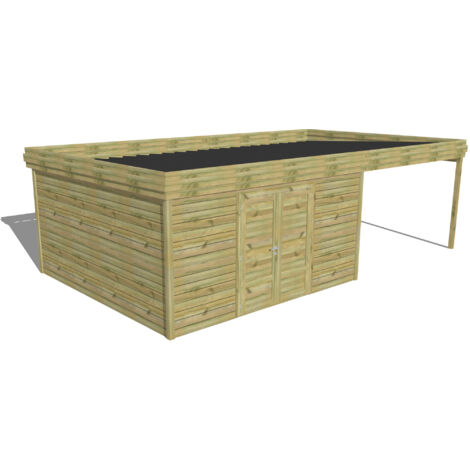 ABRI DE JARDIN bois Pin autoclave 27mm - 7,84x4,34m / 34m2 - Bac acier - Abri Français (1/5)