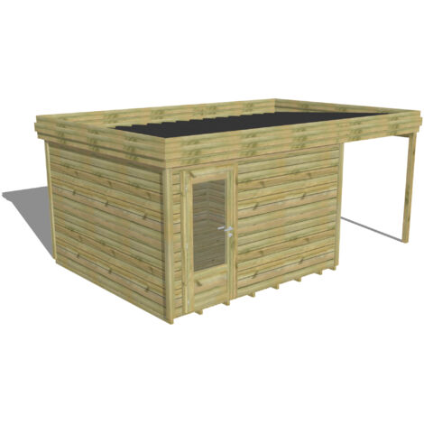 ABRI DE JARDIN bois Pin autoclave 27mm - 5,44x3,44m / 18,7m2 - Bac acier - Plancher bois