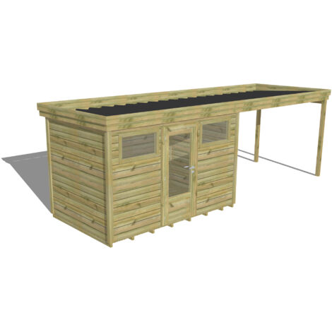 ABRI DE JARDIN bois Pin autoclave 27mm - 6,94x2,14m / 14,9m2 - Bac acier - Plancher bois