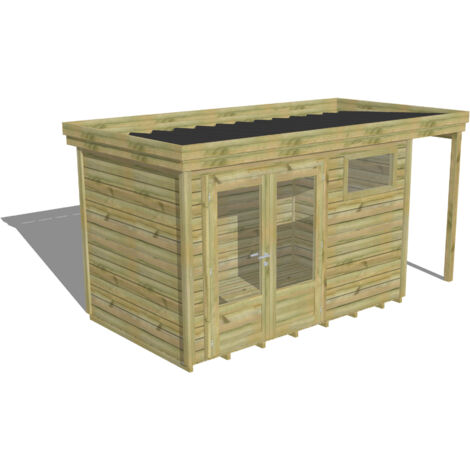 ABRI DE JARDIN bois Pin autoclave 27mm - 4,44x2,14m / 9,5m2 - Bac acier - Plancher bois