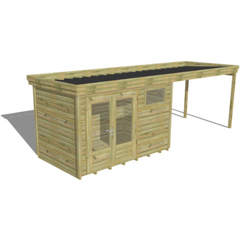 ABRI DE JARDIN bois Pin autoclave 27mm - 6,94x2,14m / 14,9m2 - Bac acier - Plancher bois