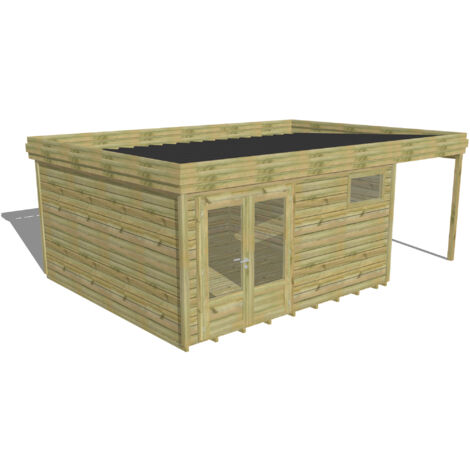 ABRI DE JARDIN bois Pin autoclave 27mm - 6,34x4,34m / 27,5m2 - Bac acier - Plancher bois (1/5)