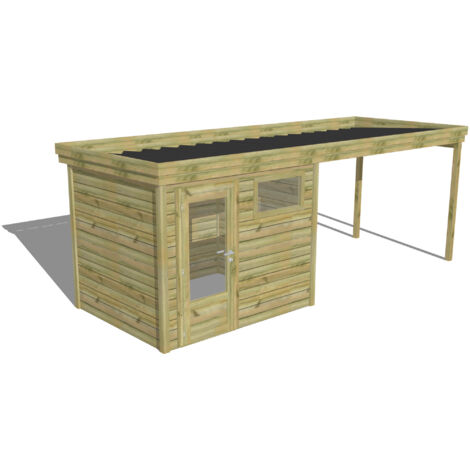 ABRI DE JARDIN bois Pin autoclave 27mm - 6,14x2,14m / 13,1m2 - Bac acier - Abri Français
