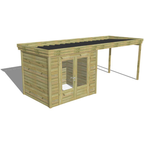 ABRI DE JARDIN bois Pin autoclave 27mm - 6,14x2,14m / 13,1m2 - Bac acier - Abri Français