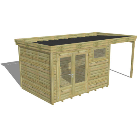 ABRI DE JARDIN bois Pin autoclave 27mm - 5,44x2,64m / 14,4m2 - Bac acier - Plancher bois