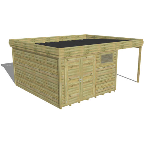 ABRI DE JARDIN bois Pin autoclave 27mm - 5,44x4,34m / 23,6m2 - Bac acier - Plancher bois
