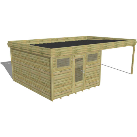 ABRI DE JARDIN bois Pin autoclave 27mm - 6,94x4,34m / 30,1m2 - Bac acier - Plancher bois