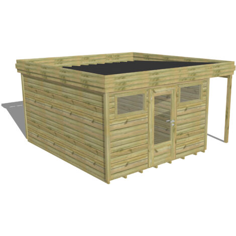 ABRI DE JARDIN bois Pin autoclave 27mm - 4,44x4,34m / 19,3m2 - Bac acier - Plancher bois