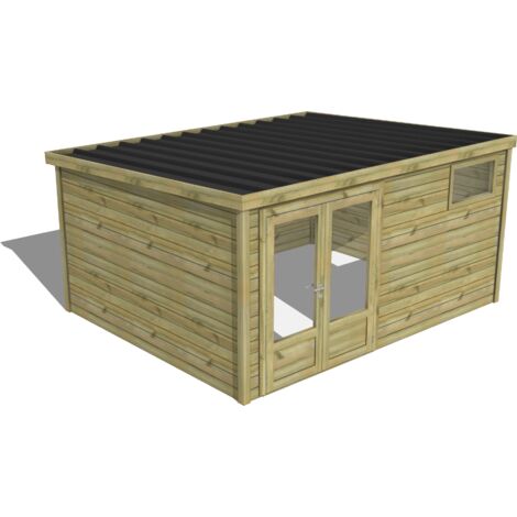 Abri Français – Abri de jardin en pin traité autoclave 28mm – Bac acier – Dimensions 4,34x3,44m – Hauteur intérieure 1,95m – Fabrication française