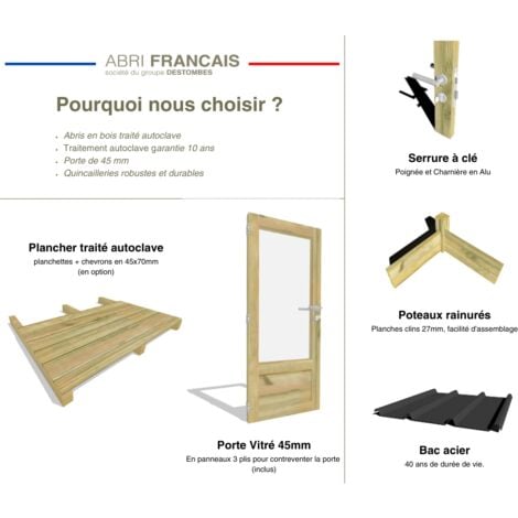 ABRI DE JARDIN bois Pin autoclave 27mm - 4,34x4,34m / 18,8m2 - Bac acier - Abri Français
