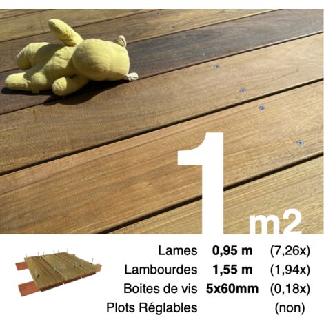 Kit terrasse bois exotique IPE pour 1 m² • Lames 0,95 m, lambourdes 1,55 m et visserie Inox